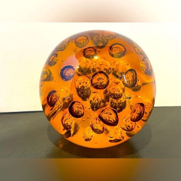VTG  Murano Amber Art Glass Sphere Ball Paperweight Controlled Bubbles 3Lb - Picture 5 of 5